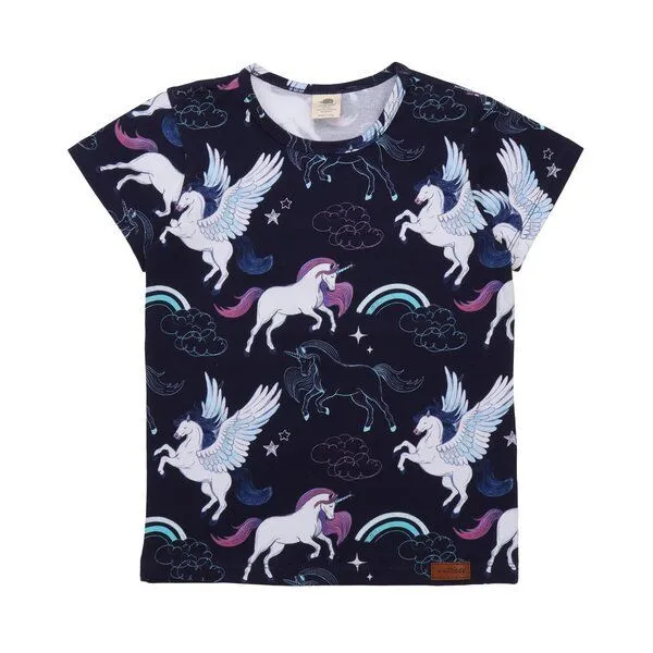 Walkiddy Kinder T-Shirt GOTS zertifiziert, 95% Bio-Baumwolle, dunkelblau, Einhorn-Pegasus-Muster, weich – Walkiddy, Blau, – Produktbild 1 von 3
