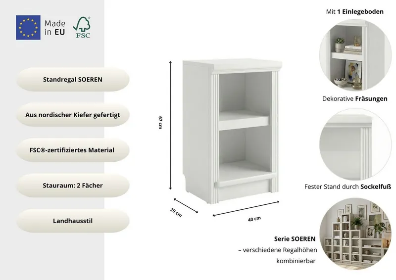 OTTO home Standregal Riga Bücherregal Regal Breite/Tiefe 40/29 cm, aus massiver Kiefer, FSC®-zertifiziert, Weiß, – Produktbild 1 von 7