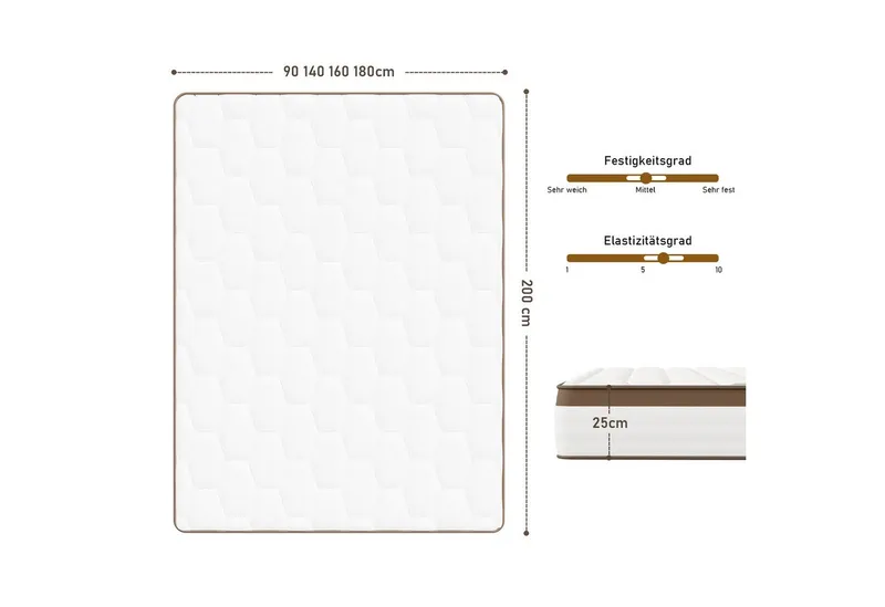 Taschenfederkernmatratze 25 cm Luxus Matratze, 7 Zonen Ergonomische Federkernmatratze H3-Härte, ROYGBIV, 25 cm hoch, (1), Oeko-TEX Zertifiziert, Rückenentlastung, Atmungsaktiv, Hypoallergene, Braun, – Produktbild 1 von 5