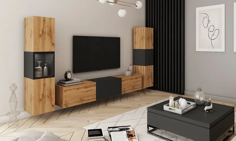Home affaire Wohnwand BERLIN III, Vitrine Türschlag links/rechts wechselbar, (Komplett-Set, 3-St), moderne grifflose Mediawand Breite 260 cm, Vitrine mit Verglasung, Beige|schwarz, – Produktbild 2 von 5