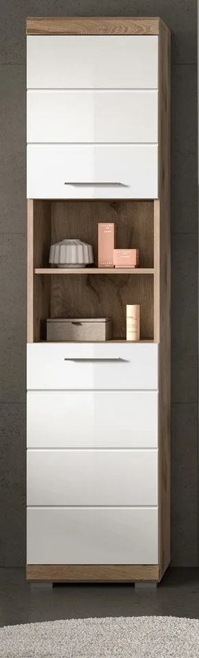Inn.Furn Hochschrank Willow (Badschrank in weiß Hochglanz und Eiche Dekor, 2-türig, 37 x 191 cm) mit 6 Fächern, Weiß, – Produktbild 3 von 5