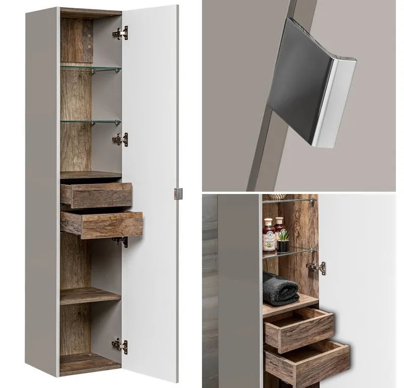 Lomadox Hochschrank PUEBLA-56-TAUPE Badmöbel in taupe mit Vintage Oak Eiche, 2 Türen, : 35/160/33 cm, Beige|braun, – Produktbild 2 von 5