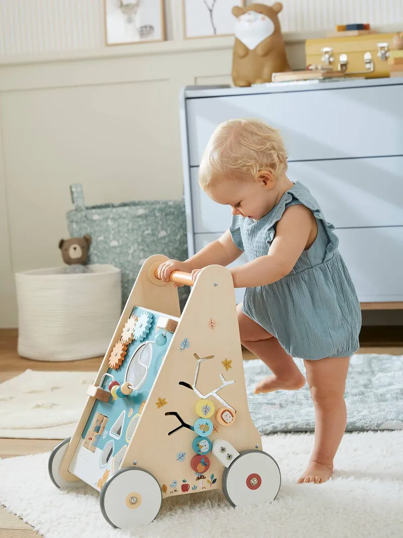 Vertbaudet Vertbaudet Activity-Lauflernwagen mit Bremsen Holz FSC®, Waldfreunde blau, – Produktbild 2 von 4