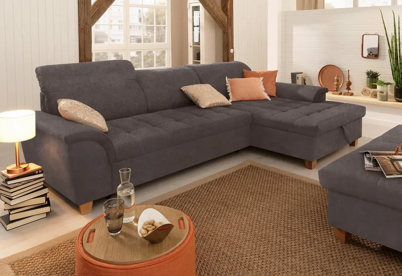 Home affaire Ecksofa Lyla fester Sitzkomfort, bequeme Armlehnen, Breite 279cm, L-Form, mit Recamiere, wahlweise mit Rückenfunktion und zusätzlich mit Bett, Grau, – Produktbild 1 von 5