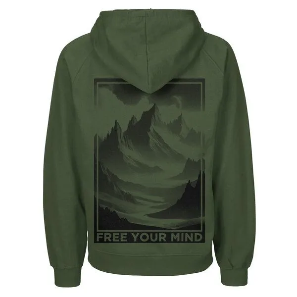 HANDGEDRUCKT HANDGEDRUCKT "Free Your Mind" Männer Hoody aus reiner Biobaumwolle (kbA), Military, – Produktbild 1 von 4
