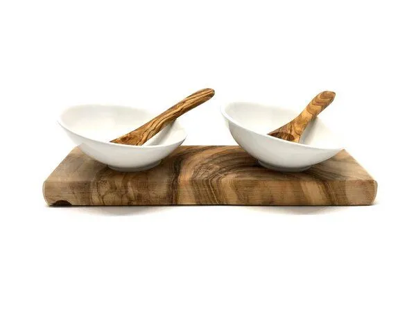 Olivenholz erleben Olivenholz erleben Dipschalenset DESIGN Porzellan schräg inkl. 2 Löffel aus Olivenholz – Produktbild 1 von 3
