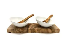 Olivenholz erleben Olivenholz erleben Dipschalenset DESIGN Porzellan schräg inkl. 2 Löffel aus Olivenholz – Produktbild 1 von 1