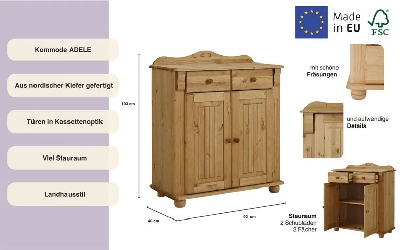 OTTO home Kombikommode Adele, aus massiver Kiefer, 92cm breit, Beige, – Produktbild 1 von 5