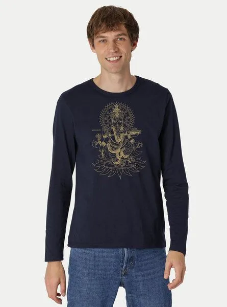 Peaces.bio - handbedruckte Biomode Peaces.bio - handbedruckte Biomode Bio-Herren-Langarmshirt Ganesha, Blau, – Produktbild 2 von 3
