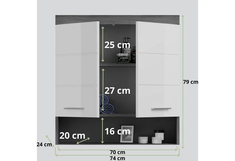 furnling Hängeschrank Scott 2 Türen, 1 offenes Fach, Stauraum, Badmöbel, Badschrank, 74 cm breit, Grau|silberfarben, – Produktbild 3 von 5