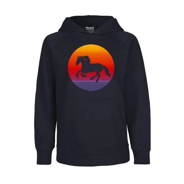 HANDGEDRUCKT HANDGEDRUCKT "Sunsethorse" Kinder Hoody aus reiner Biobaumwolle (kbA), Navyblue, – Produktbild 1 von 4