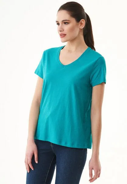 ORGANICATION ORGANICATION Damen Basic T-Shirt aus Bio-Baumwolle mit V-Ausschnitt, Emerald, – Produktbild 3 von 4