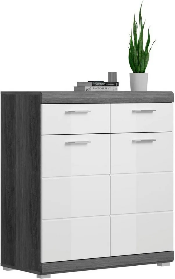 Home affaire Schuhschrank SIENA, Breite 90 cm, 2 Türen, 2 Einlegeböden, 3 Fächer, 2 Schubkästen (1-St., hochwertige Rillenfräsung in MDF Front) Schuhkommode, Kommode, Anrichte, Sideboard, Silberfarben, – Produktbild 2 von 8