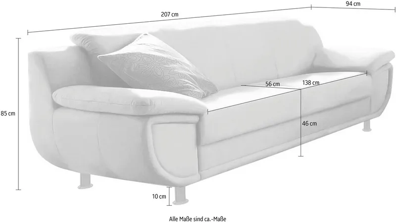 TRENDMANUFAKTUR 3-Sitzer Rondo 207 cm, Breite, breite Armlehnen, Füße schwarz, Big-Sofa wahlweise mit Federkern, in verschiedenen Bezügen bestellbar, Schwarz, – Produktbild 5 von 7