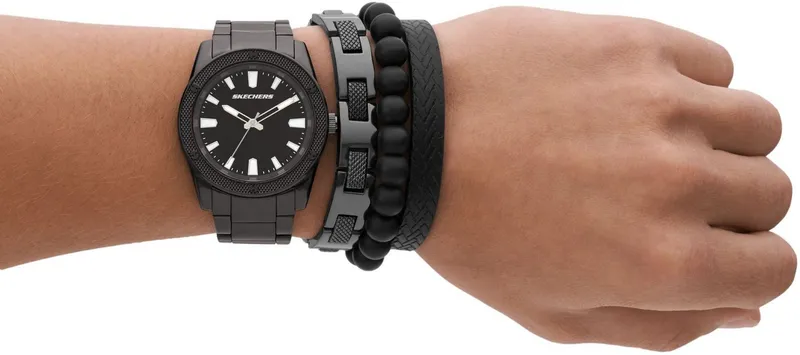 Skechers Skechers Quarzuhr KNURLING BRACELET SET SR9078, (Set, 4-tlg., mit 3 Schmuckarmbändern), Armbanduhr, Herrenuhr, analog, Leuchtindizes, Geschenkidee, Grau, – Produktbild 4 von 4