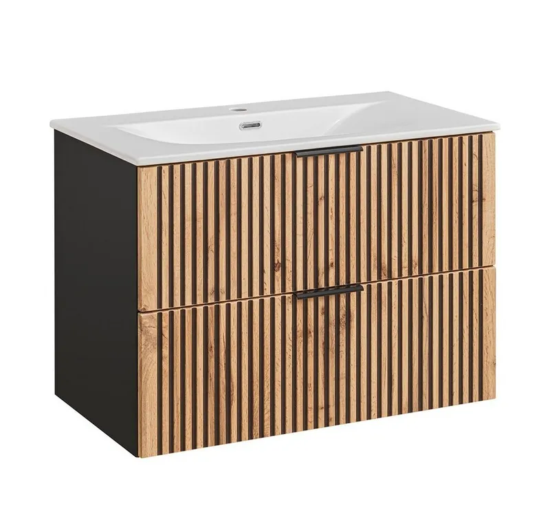 Lomadox Waschtisch XANTEN-56, 80 cm in anthrazit mit Eiche Nb. schwarz gerillt, Braun|grau, – Produktbild 1 von 4