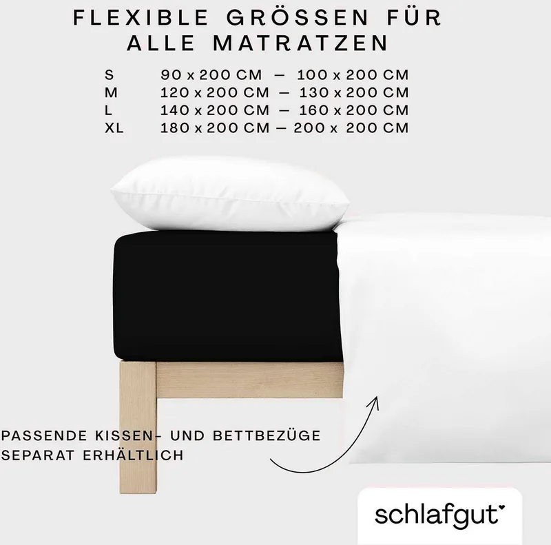 Schlafgut Schlafgut Spannbettlaken CASUAL Bettlaken 100% gekämmte Bio-Baumwolle, 150 g/m², Spannbetttuch, Jersey, Gummizug: rundum, (1 Stück), Bettlaken bis 25 cm Höhe, langlebig, weich, Antipilling-Ausrüstung, Schwarz, – Produktbild 1 von 5