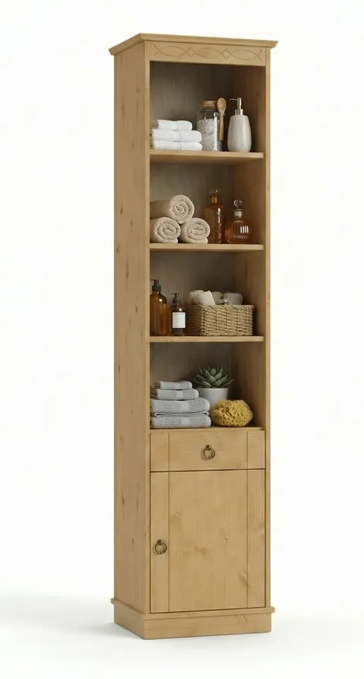 OTTO home Hochschrank Indra, Badschrank, Badmöbel, Badezimmerschrank (B/T/H: 46/32/186 cm) aus massiver Kiefer, mit Schublade, FSC®-zertifiziert, Beige, – Produktbild 2 von 4