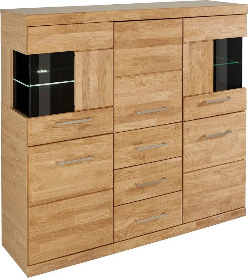 OTTO home Highboard Ribe,125cm breit,115cm hoch, Fronten Massivholz,5Türen,3 Schubladen, Holz massiv, Holzwerkstoff, Metall Griffe,10Fächer, Böden versetzbar, Braun, – Produktbild 5 von 8
