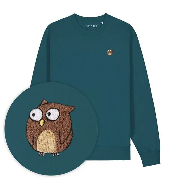 LIGARTI Bestickter Pullover – Eugen die Eule – LIGARTI Tiermanufaktur, Petrol, – Produktbild 1 von 4