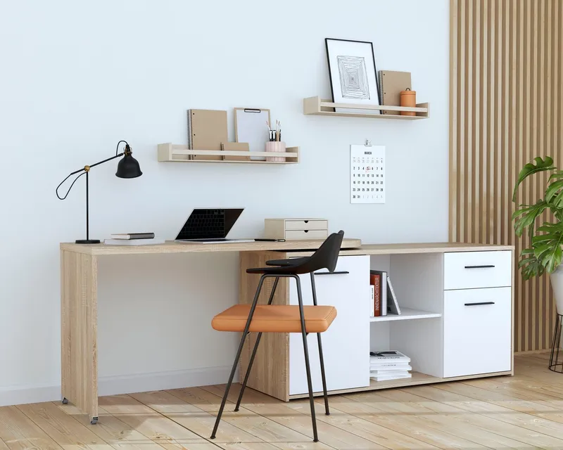 FORTE Schreibtisch Aliklia, multifunktional, Tischplatte ausschwenkbar, mit Rollen, Sideboard, Beige, – Produktbild 1 von 5