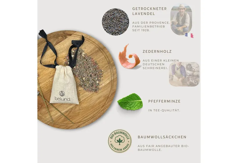 belund. Raumduft BIO-Baumwolle Lavendelsäckchen der Provence mit Zedernholz & Minze (5x Säckchen, Lavendelmischung mit Minze & Zedernholz), Lavendel, Kleidermotten, Duftsäckchen, Zedernholz, Beige, – Produktbild 2 von 5