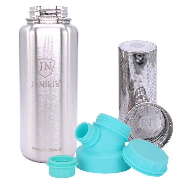 JN JuNiki's JN JuNiki's isolierte Edelstahl Trinkflasche 1 Liter + Teefilter, Türkis, – Produktbild 1 von 4