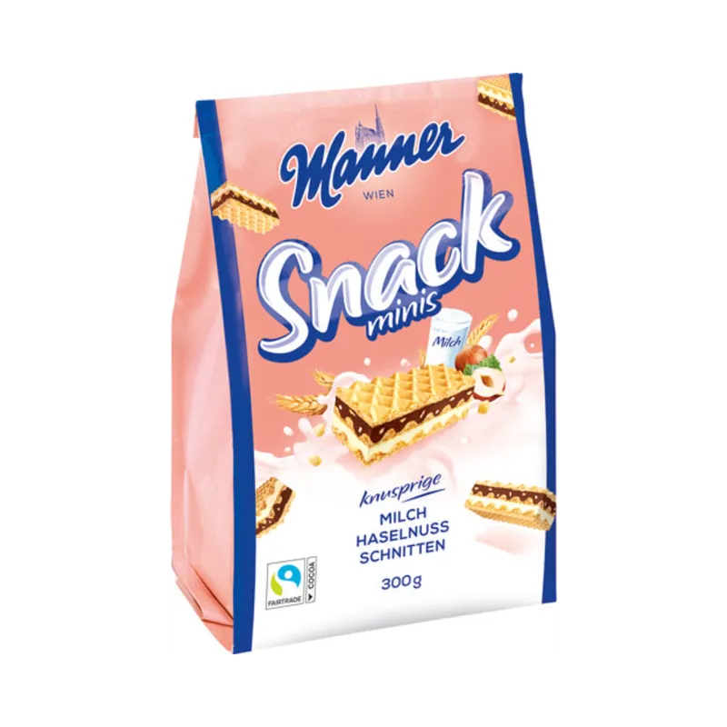 Manner Manner Snack Minis Milch Haselnuss Schnitten 300g - Knusprige Waffeln - Milchcreme und Haselnusscreme - Fairtrade-Siegel - Waffelgebäck. Knusprige – Produktbild 1 von 1