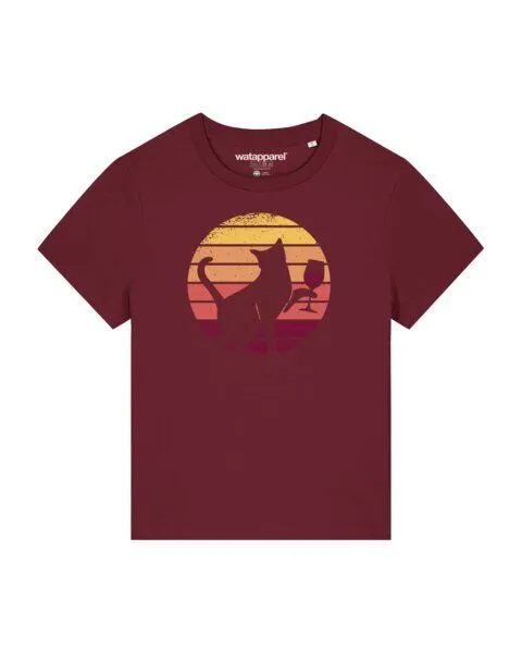 watapparel watapparel T-Shirt Frauen Sunset Katze & Rotwein, Burgundy, – Produktbild 1 von 3