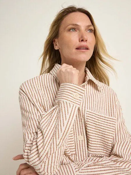 LANIUS LANIUS Streifen Blusenjacke aus Bio-Baumwolle und TENCEL Lyocell, Off white/mocha, – Produktbild 3 von 4