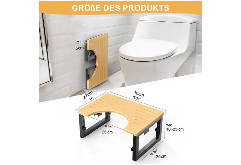 HEYHIPPO Tritthocker Klappbarer Toilettenhocker Höhenverstellbarer Fußhocker Holzfarbe (Stabiler und tragbarer Toilettentritthocker mit geringem Platzbedarf, Ein Tritthocker), Rutschfester Fußhocker für Erwachsene und Kinder aus Bambus, Gelb, – Produktbild 2 von 5