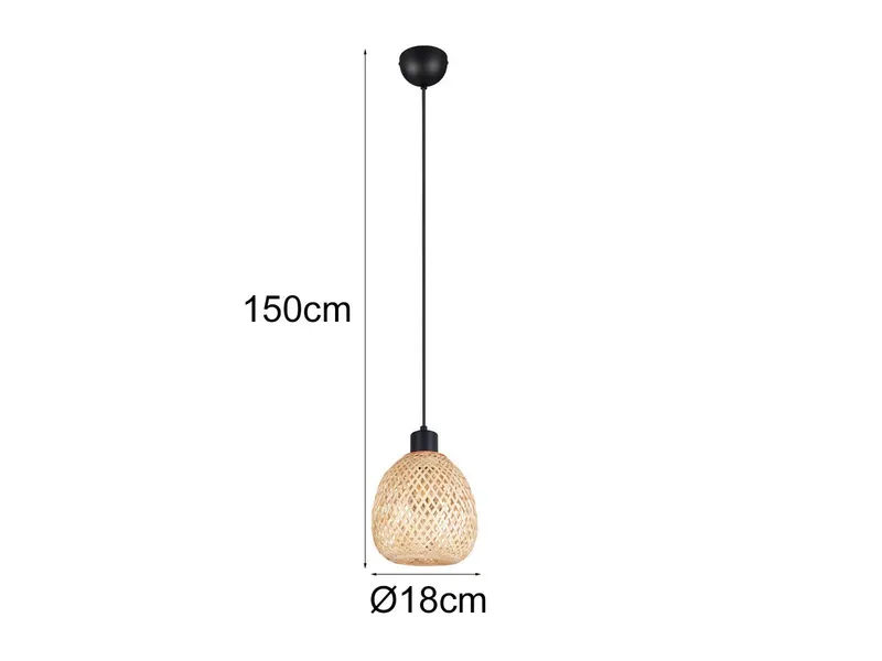 Reality Leuchten LED Pendelleuchte, Dimmfunktion, LED wechselbar, über Lichtschalter in 3 Stufen dimmbar, warmweiß, Klein-e Korb-lampe Lampenschirm geflochten Bambus hängend Bett, Ø 18cm, Beige, – Produktbild 4 von 5