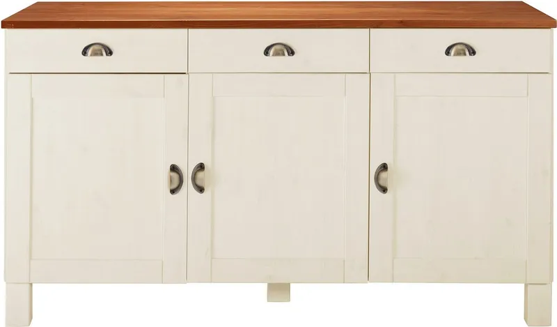 Home affaire Unterschrank Oslo 150 cm breit, 3 Türen, 3 Schubladen, aus massiver Kiefer, Metallgriffe, Weiß, – Produktbild 3 von 5