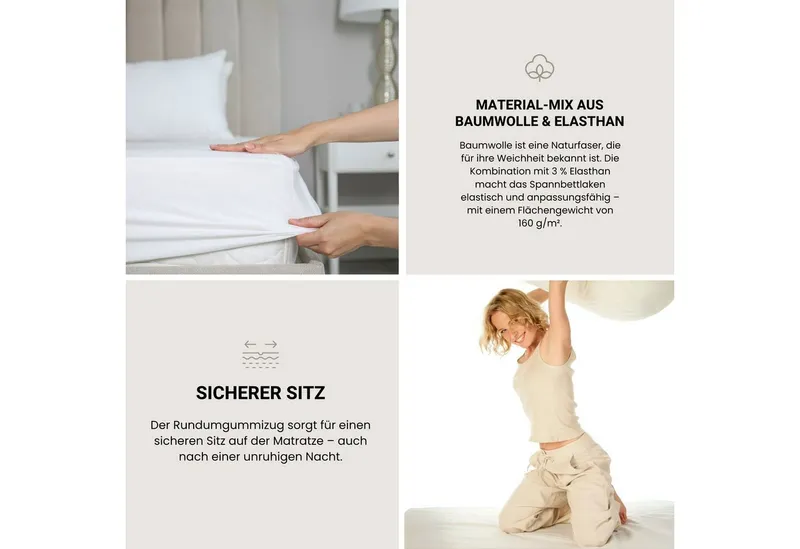 Schiesser Schiesser Spannbettlaken Elli aus weicher Baumwolle mit Elasthananteil für flexiblen Sitz, Jersey-Elasthan, Gummizug: rundum, (1 Stück), für hohe Matratzen und Boxspringbetten, OEKO-TEX® MADE IN GREEN, Beige, – Produktbild 5 von 6