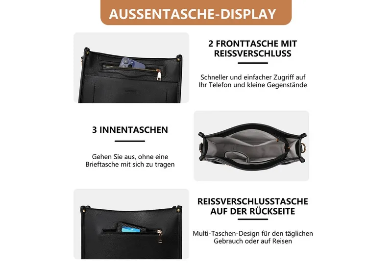 TANTOMI Umhängetasche Damen Handtasche mittelgroß Crossbody Bag Mit Geldbörse, Damen Tasche mit Verstellbar Breitem Schultergurt, Schwarz, – Produktbild 4 von 5