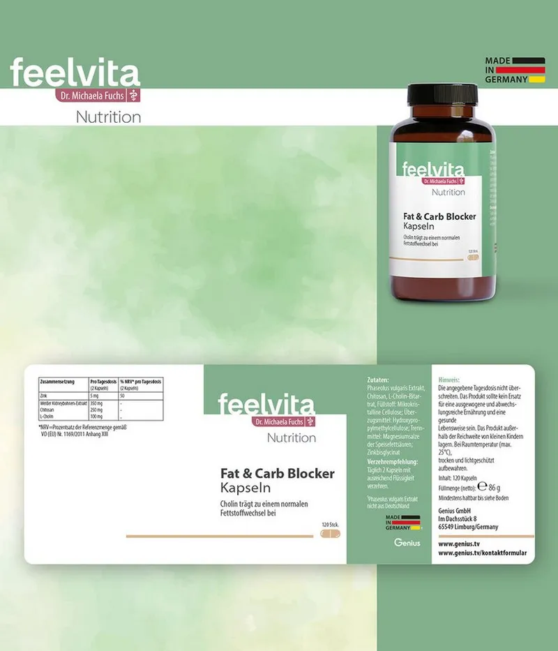 Genius Genius Feelvita Nutrition Fat & Carb Blocker 4-Monatsvorrat mit Zink & Cholin Kapsel, Spar-Set à 120 St. – Produktbild 4 von 5