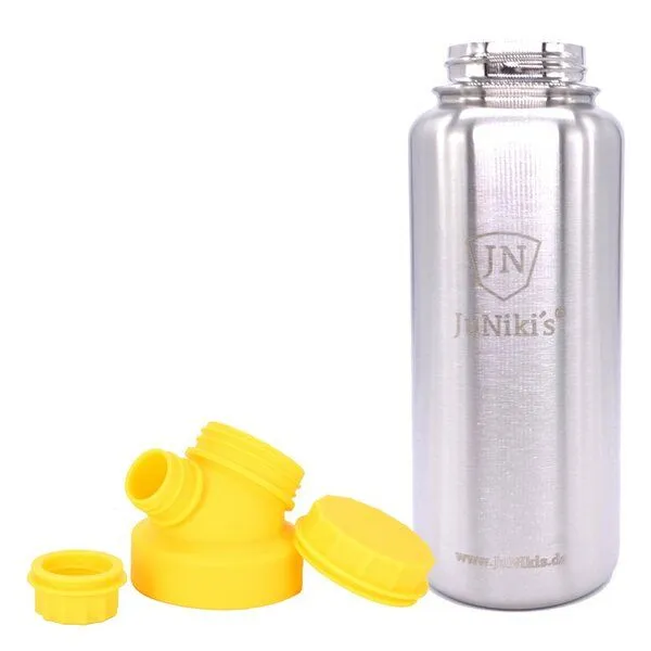 JN JuNiki's JN JuNiki's isolierte Edelstahl Trinkflasche 1 Liter mit Double Neck Deckel, Gelb, – Produktbild 1 von 2