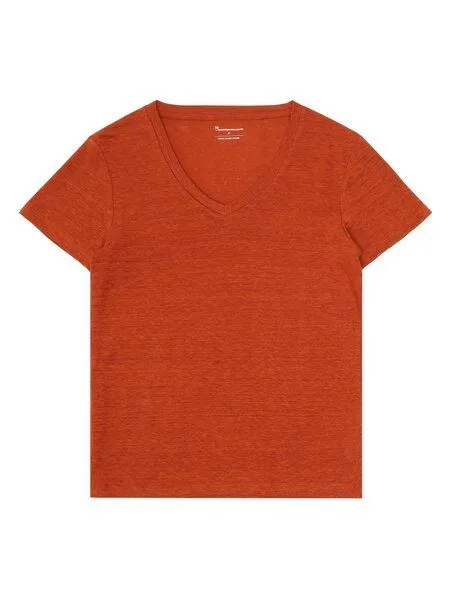 KnowledgeCotton Apparel KnowledgeCotton Apparel T-Shirt mit V-Ausschnitt - aus Bio-Leinen, Rot-burnt-brick, – Produktbild 1 von 1