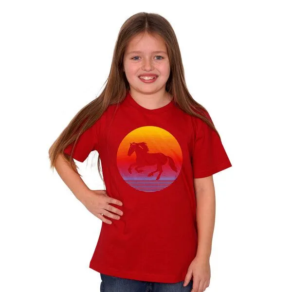 HANDGEDRUCKT HANDGEDRUCKT "Sunsethorse" Unisex Kinder-T-Shirt, Red, – Produktbild 1 von 2