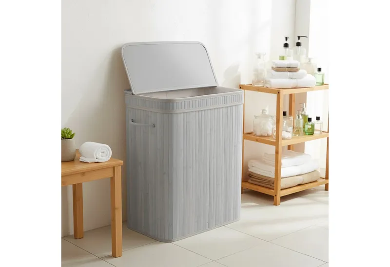 RELAXDAYS RELAXDAYS Wäschekorb Bambus Wäschekorb mit Deckel (1 St), grau, 72 L, Grau, – Produktbild 3 von 5