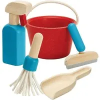 PlanToys PlanToys Kinder Hausputz Set aus Kautschukholz Maße 12,5 x 23 cm, Natur, rot, blau, – Produktbild 1 von 1