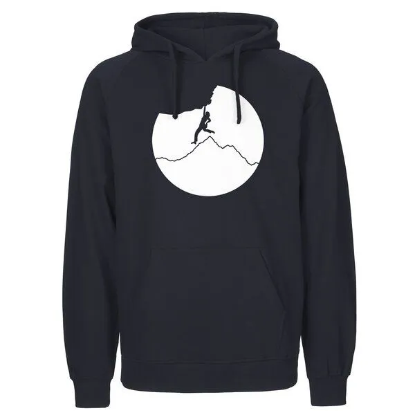 HANDGEDRUCKT HANDGEDRUCKT "Klettern" Männer Hoody aus reiner Biobaumwolle (kbA), Navy, – Produktbild 1 von 2