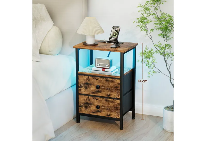 AMHANCIBLE Nachttisch 2er-Set mit integrierter Ladestation, LED-Beleuchtung & 2 Schubladen (2-St), multifunktionaler Beistelltisch mit offenem Fach, 40x30x60cm, Braun, – Produktbild 4 von 4