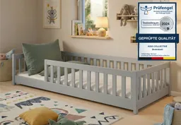 Kids Collective Kinderbett Bodenbett Bett mit Rausfallschutz & Lattenrost Montessori Bett Kinder (Jungen, Mädchen, Kinder, weitere Größen 80x160, 80x180, 90x200, 120x200, 140x200 cm), Jugendbett Gitterbett Einzelbett, Aschgrau Kiefer 90x190 cm – Produktbild 1 von 1