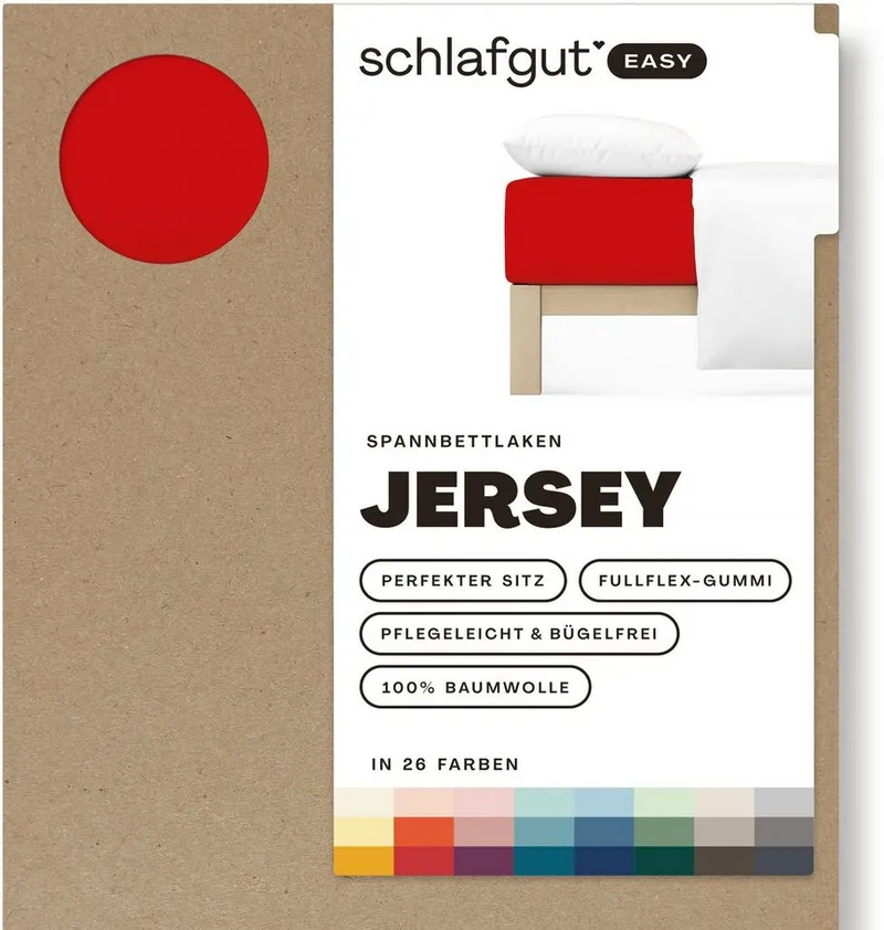Schlafgut Schlafgut Spannbettlaken EASY JERSEY Bettlaken, 150 g/m², 100% Baumwolle, Spannbetttuch, Jersey, Gummizug: rundum, (1 Stück), Spannbettlaken bis 22 cm Höhe, bügelfrei, pflegeleicht, perfekter Sitz, Rot, – Produktbild 4 von 5