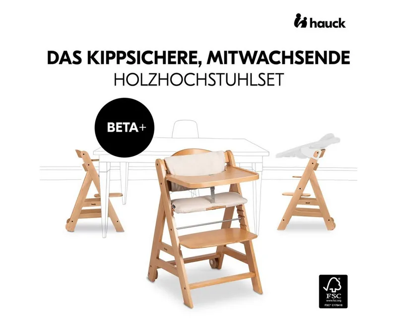 Hauck Hauck Hochstuhl Beta Plus Newborn Set - Natural, Holz Babystuhl ab Geburt mit Neugeborenenaufsatz, Sitzkissen, Essbrett, Beige, – Produktbild 3 von 5