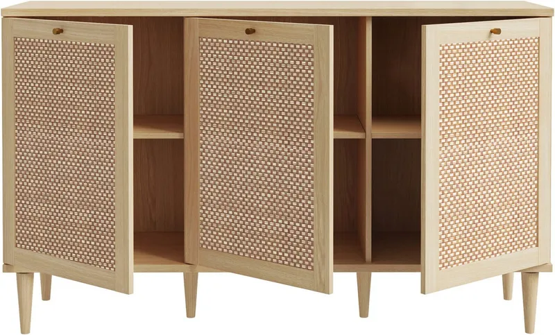 OTTO home Sideboard ELLIAN mit Wiener Geflechtoptik, 3 Türen, Boho Stil, Vintage, Holzfüße, Metallgriffe, Made in EU, viel Stauraum, FSC® zertifiziert, Beige, – Produktbild 5 von 5