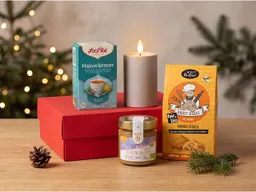 Bio-Geschenkset "Wohlfühl-Winter", 4-tlg., mit Tee, Honig, Mandelgebäck und LED-Dekolicht – Produktbild 1 von 1