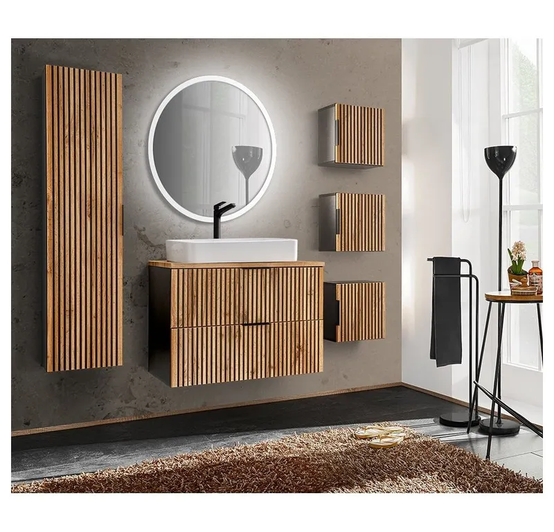 Lomadox Badmöbel-Set XANTEN-56, (Spar-Set, 6-St), anthrazit, Wotan Eiche Nb schwarz gerillt, Waschtisch 81 cm, Schränke, Braun|grau, – Produktbild 1 von 5