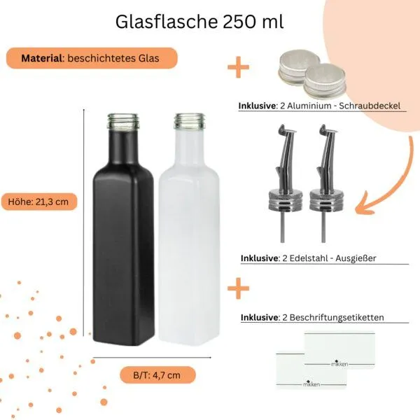 mikken mikken 2x Ölflasche 250 ml Dosierflasche mit Ausgießer + Schraubdeckel + 2 Etiketten, Schwarz/weiß, – Produktbild 2 von 2